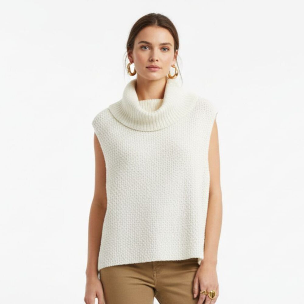 Bebe Ivory Sleeveless Knit Turtleneck Split Open Back Sweater L